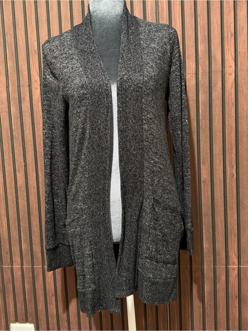 Papermoon Heathered Charcoal Open Front Long Cardigan Pockets M
